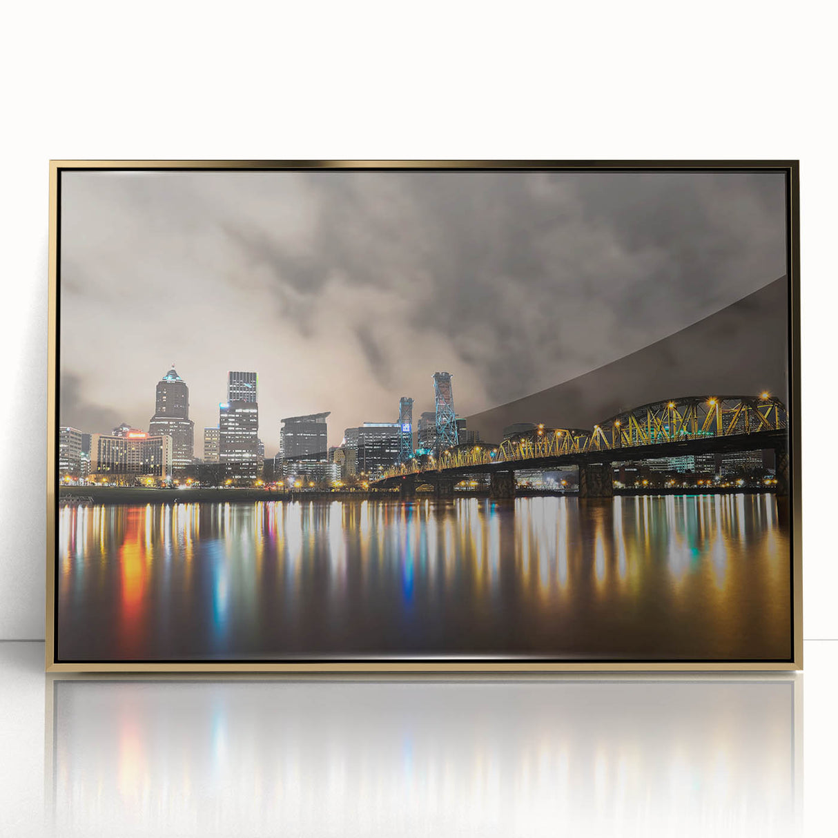 Framed acrylic print of Portland, Oregon skyline in muted gold and gray tones, ideal for modern art wall decor.
