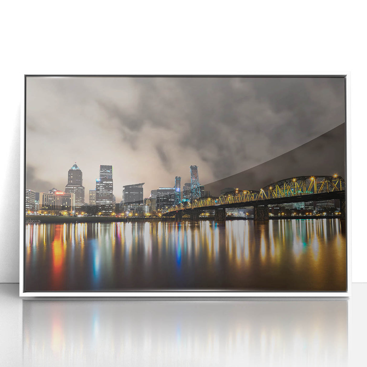 Art deco poster of Portland, Oregon skyline in muted grays and blues on a framed acrylic, suitable for modern art wall decor.