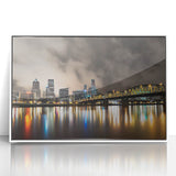 Art deco poster of Portland, Oregon skyline in muted grays and blues on a framed acrylic, suitable for modern art wall decor.