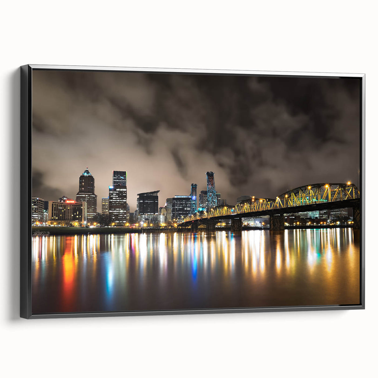 Black and white landscape art painting of Portland, Oregon on a framed canvas, suitable for bedroom wall decor.