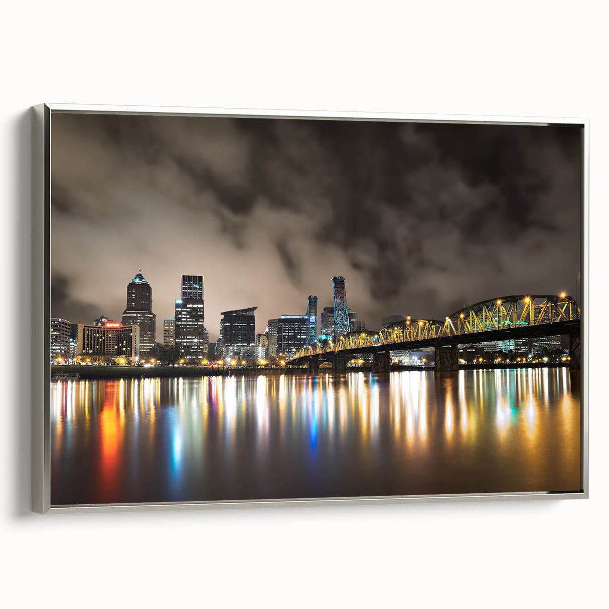 Landscape art painting of Portland, Oregon in colorful tones on a silver-framed canvas, ideal for living room decor.