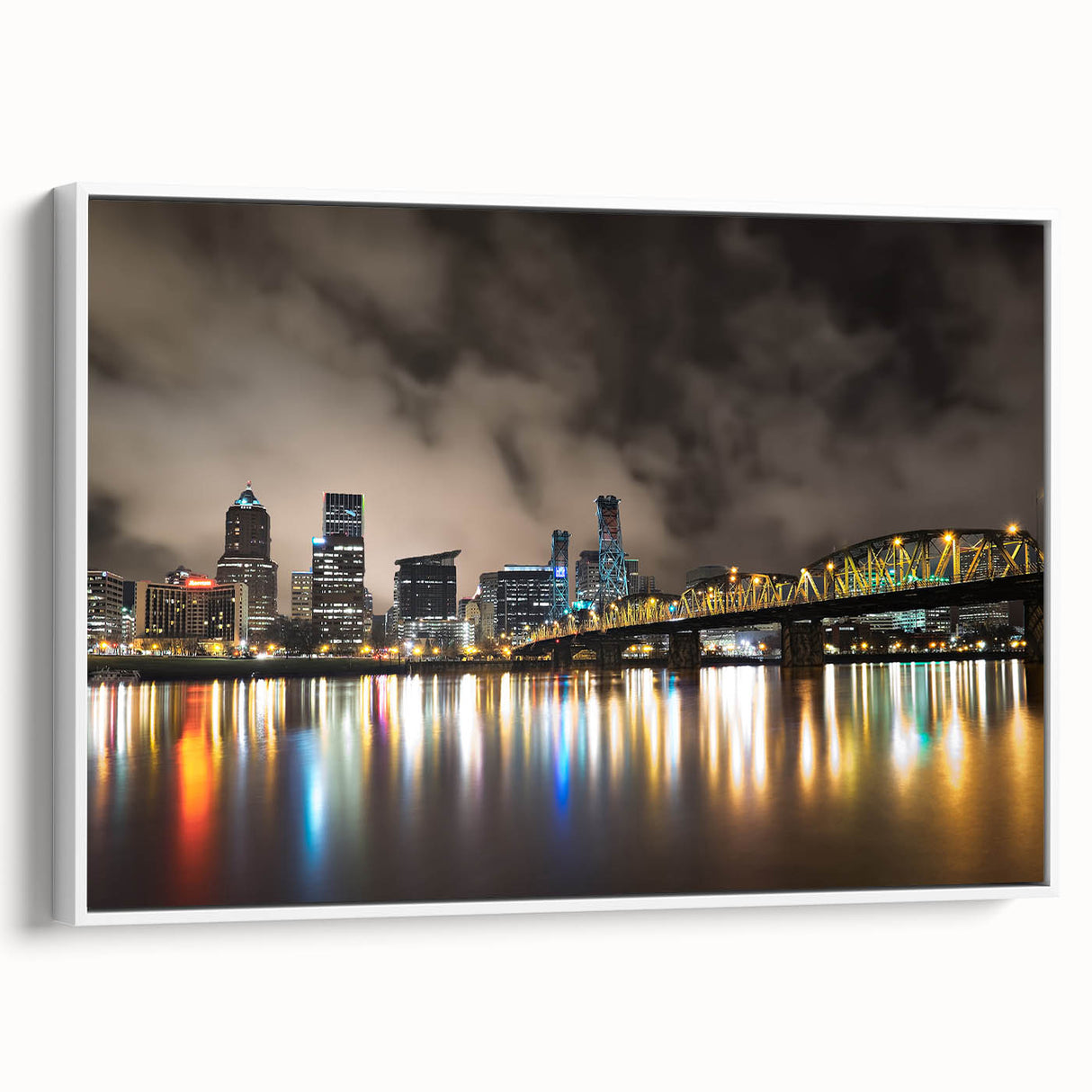 Vintage poster art of Portland, Oregon scenery on a framed canvas with colorful and black elements.
