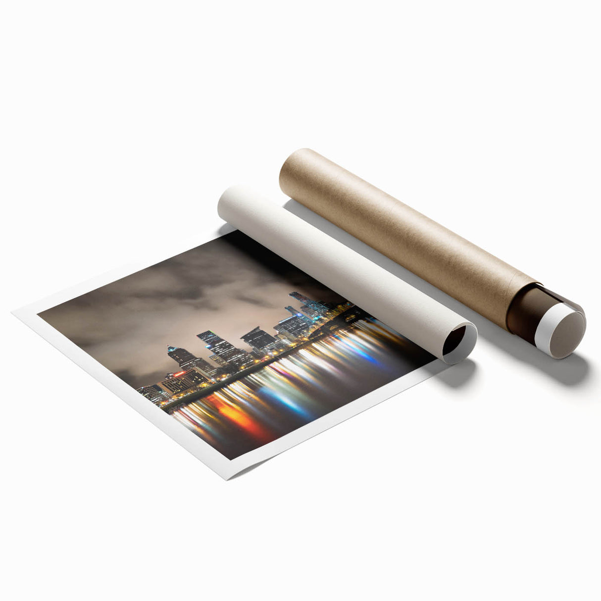 Extra large rolled print of Portland, Oregon scenery with floral motifs in soft pastel colors.