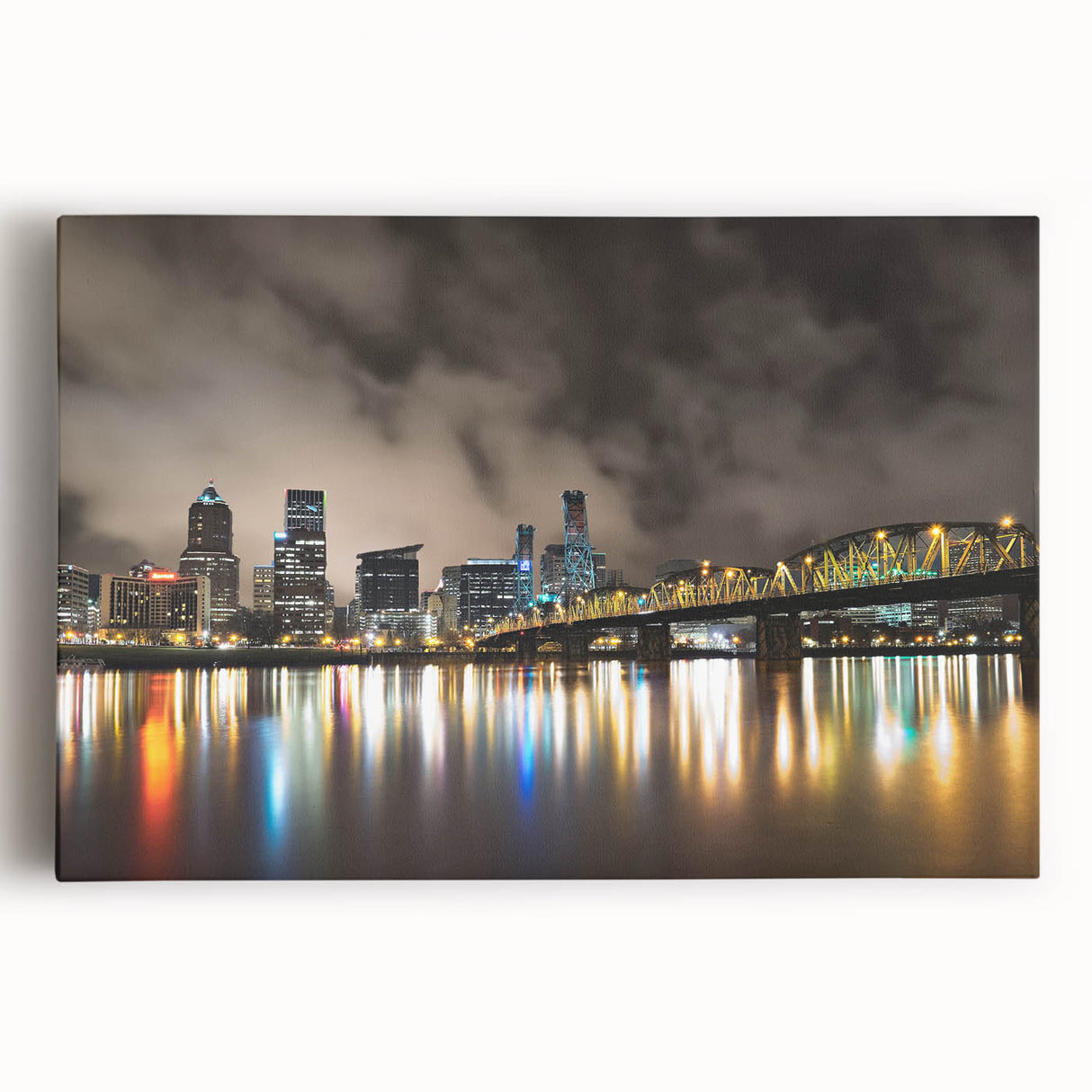 Black and white stretched canvas of Portland, Oregon skyline, ideal for kitchen wall art.