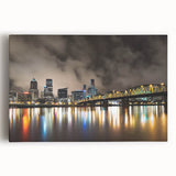 Black and white stretched canvas of Portland, Oregon skyline, ideal for kitchen wall art.