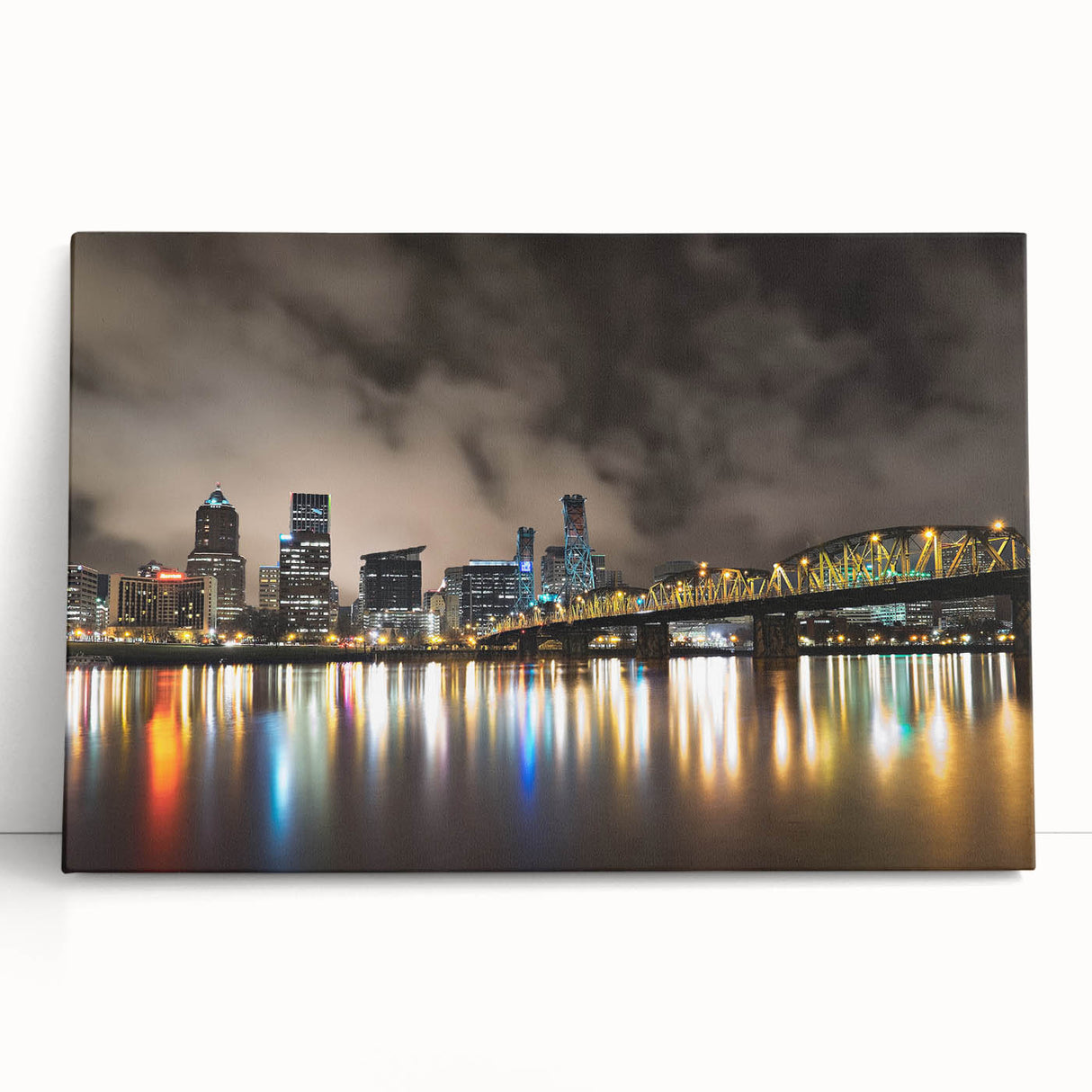 Black and white photo of Portland, Oregon skyline on large stretched canvas, ideal for kitchen wall art.
