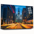 Acrylic print of Philadelphia skyline in muted blue tones, suitable for bedroom or dining room decor.
