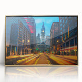 Framed acrylic print of Philadelphia skyline in gold and blue tones, ideal for modern art wall decor.