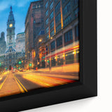 Extra large framed canvas of Philadelphia skyline in black with colorful, textured highlights, ideal for living room decor.