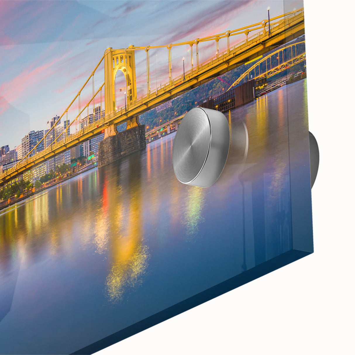 Large abstract wall art of Pittsburgh skyline in muted gray and blue tones on acrylic glass, ideal for dining room decor.