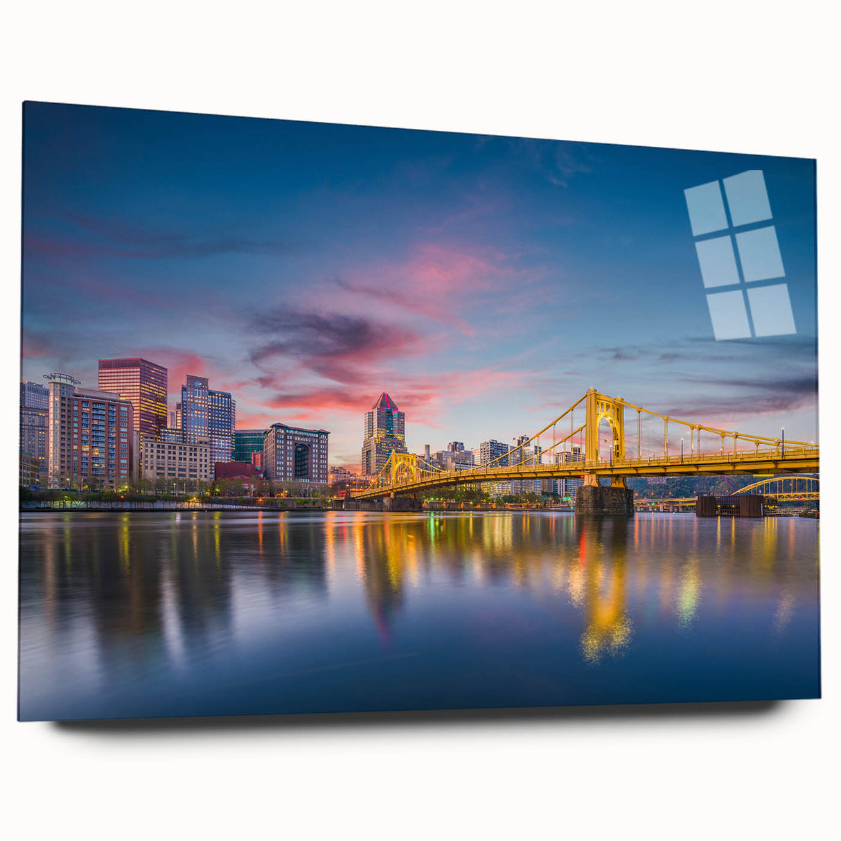 Large abstract wall art of Pittsburgh skyline in muted gray and blue tones on acrylic glass.