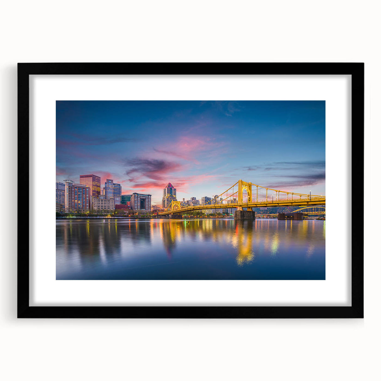 Extra large abstract art print of Pittsburgh skyline in vibrant, colorful hues on a textured canvas.