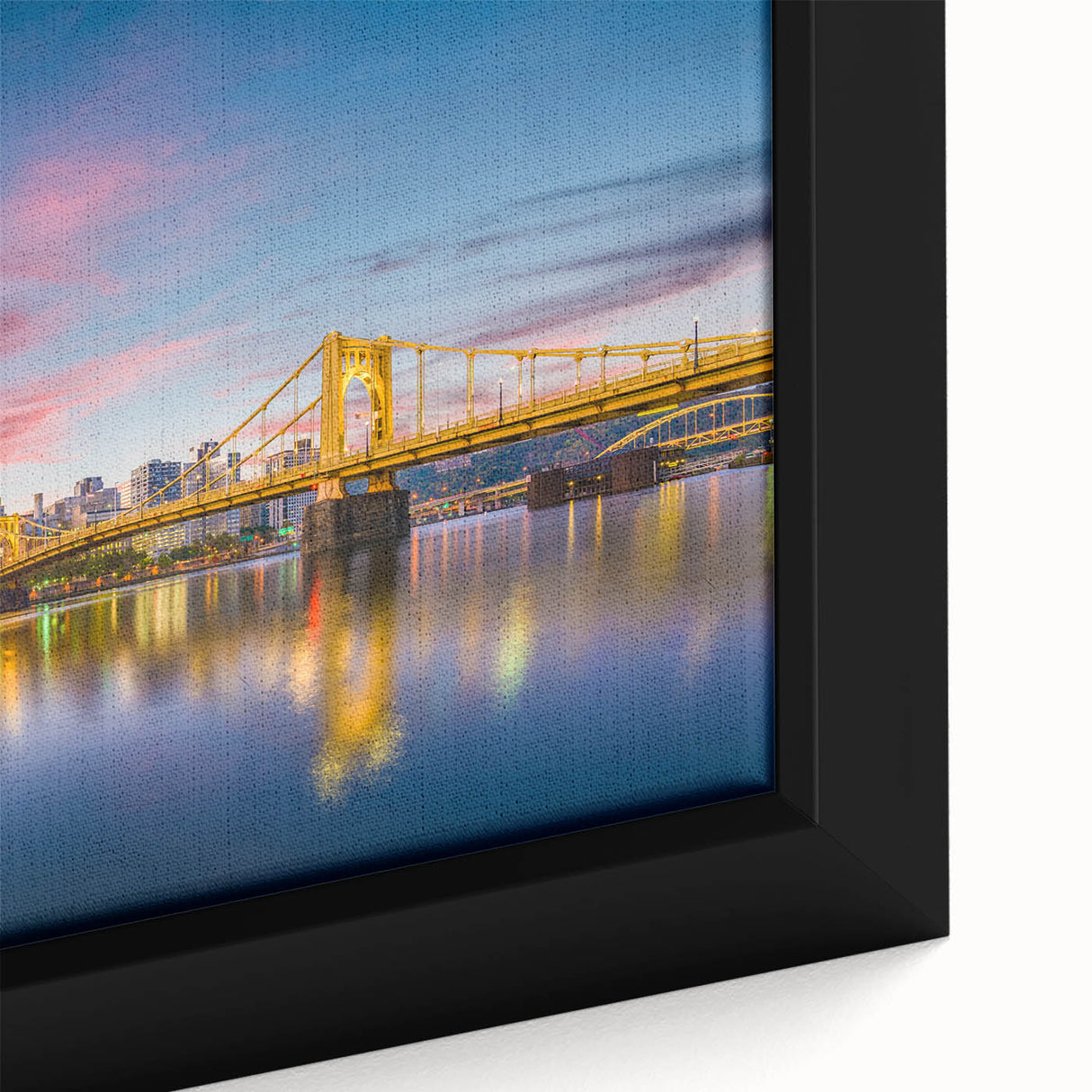 Black wall art featuring a textured depiction of the Pittsburgh skyline in vibrant colors on a large framed canvas.