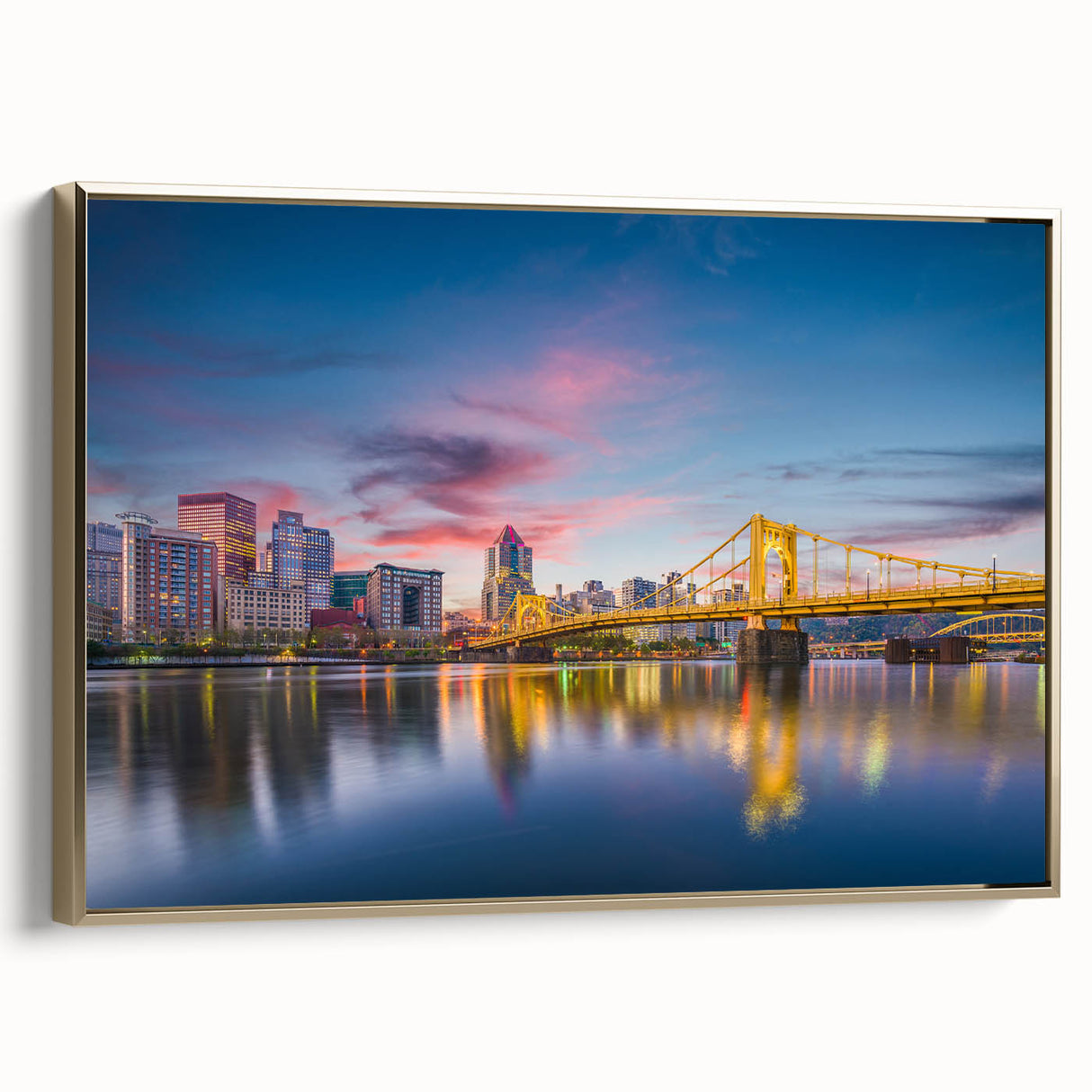 Framed canvas of a vintage Pittsburgh landscape in gold and black tones, ideal for bedroom wall art.