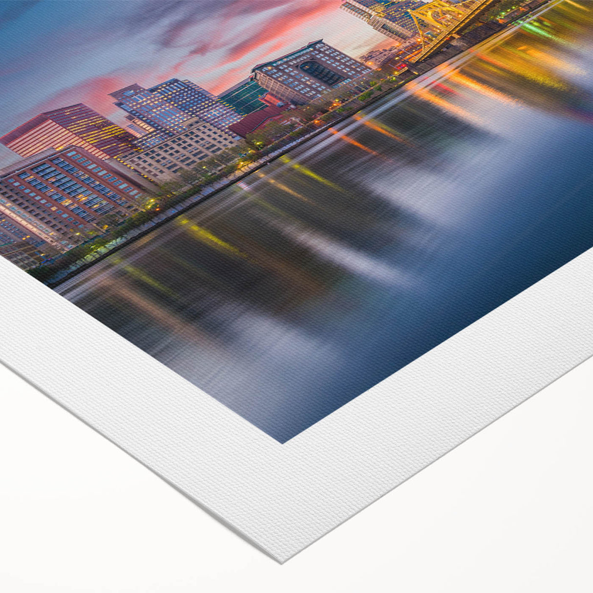 Art deco poster of Pittsburgh skyline in muted metallic tones on rolled canvas, suitable for dining room wall art.