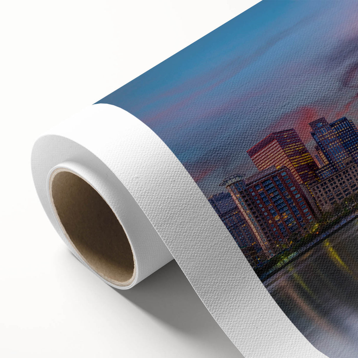 Art Deco style poster of Pittsburgh skyline in muted gold and blue tones on rolled canvas, ideal for nursery wall art.