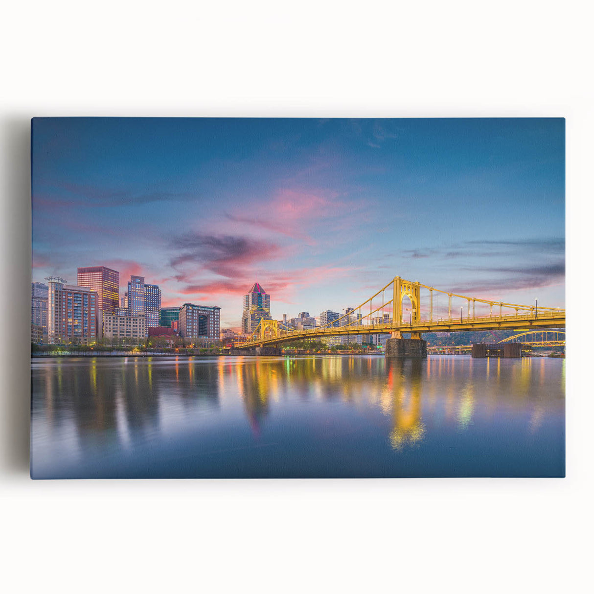 Black and white stretched canvas of Pittsburgh skyline, ideal for kitchen wall art.