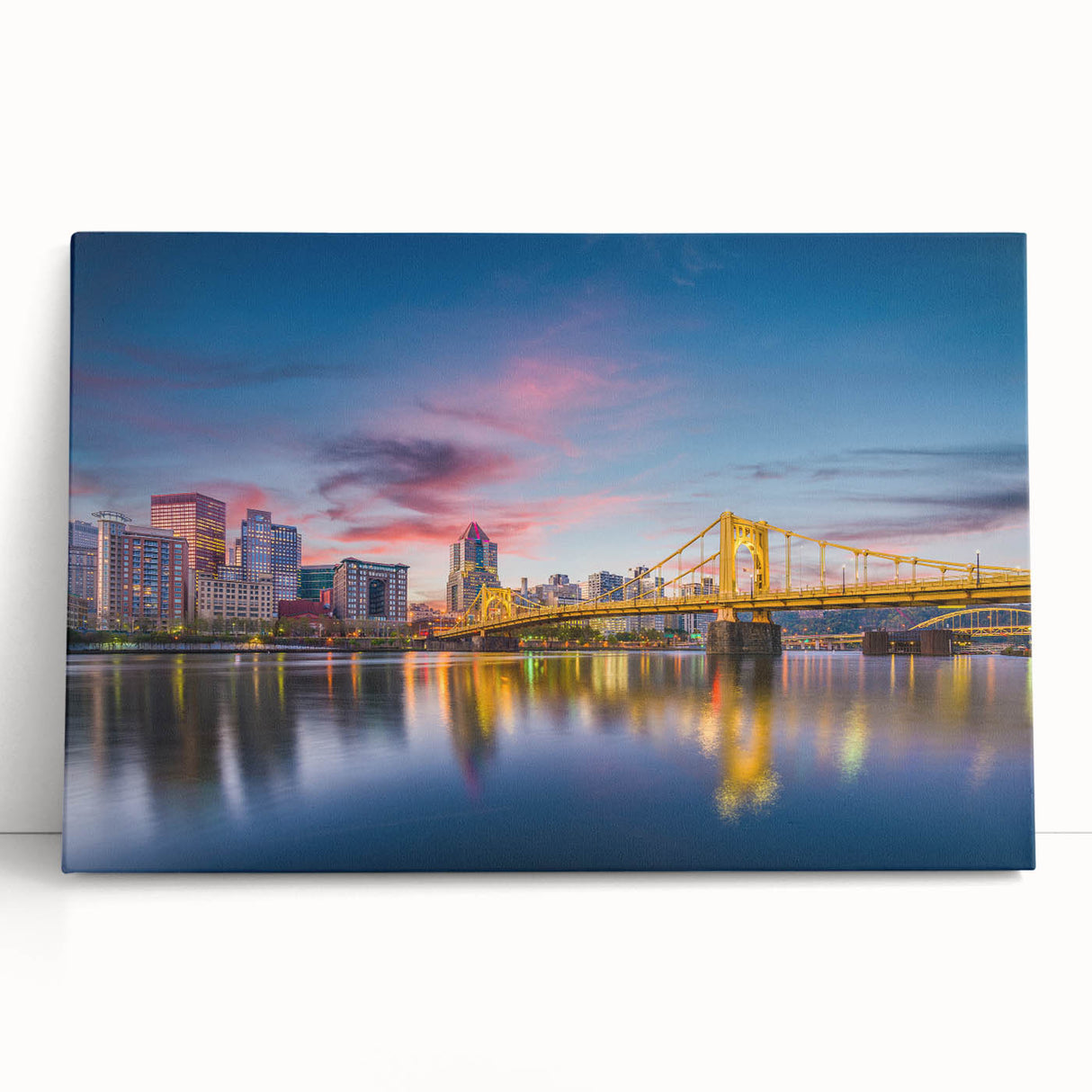 Black and white panoramic photograph of the Pittsburgh skyline on stretched canvas.