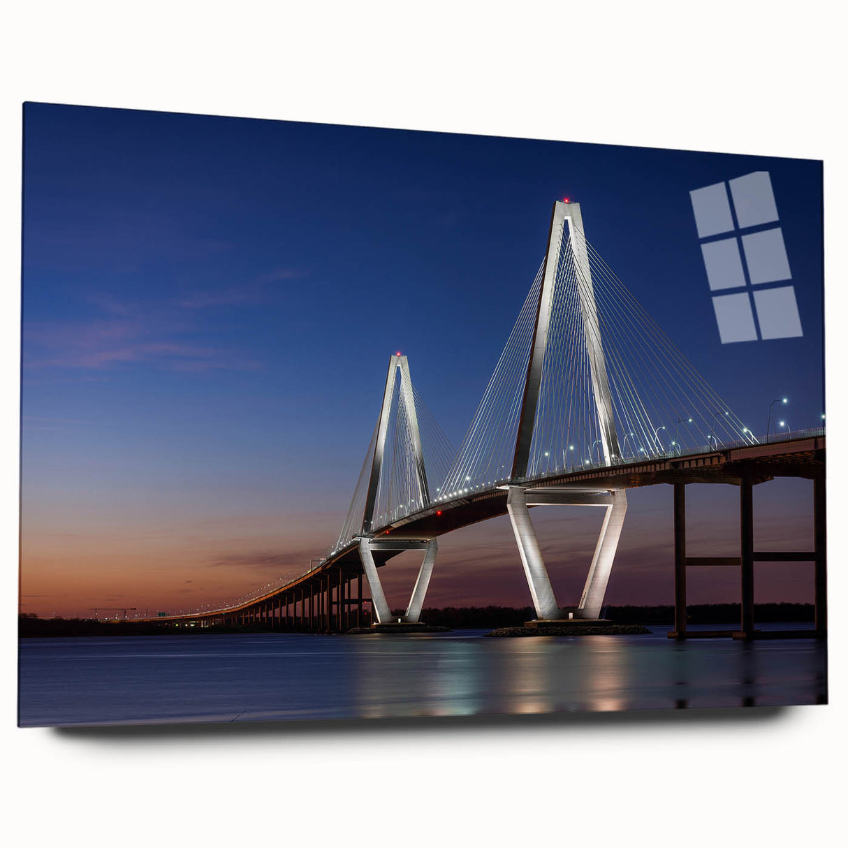 Acrylic print of Charleston, South Carolina, featuring vibrant twilight hues, ideal for bedroom or dining room art.