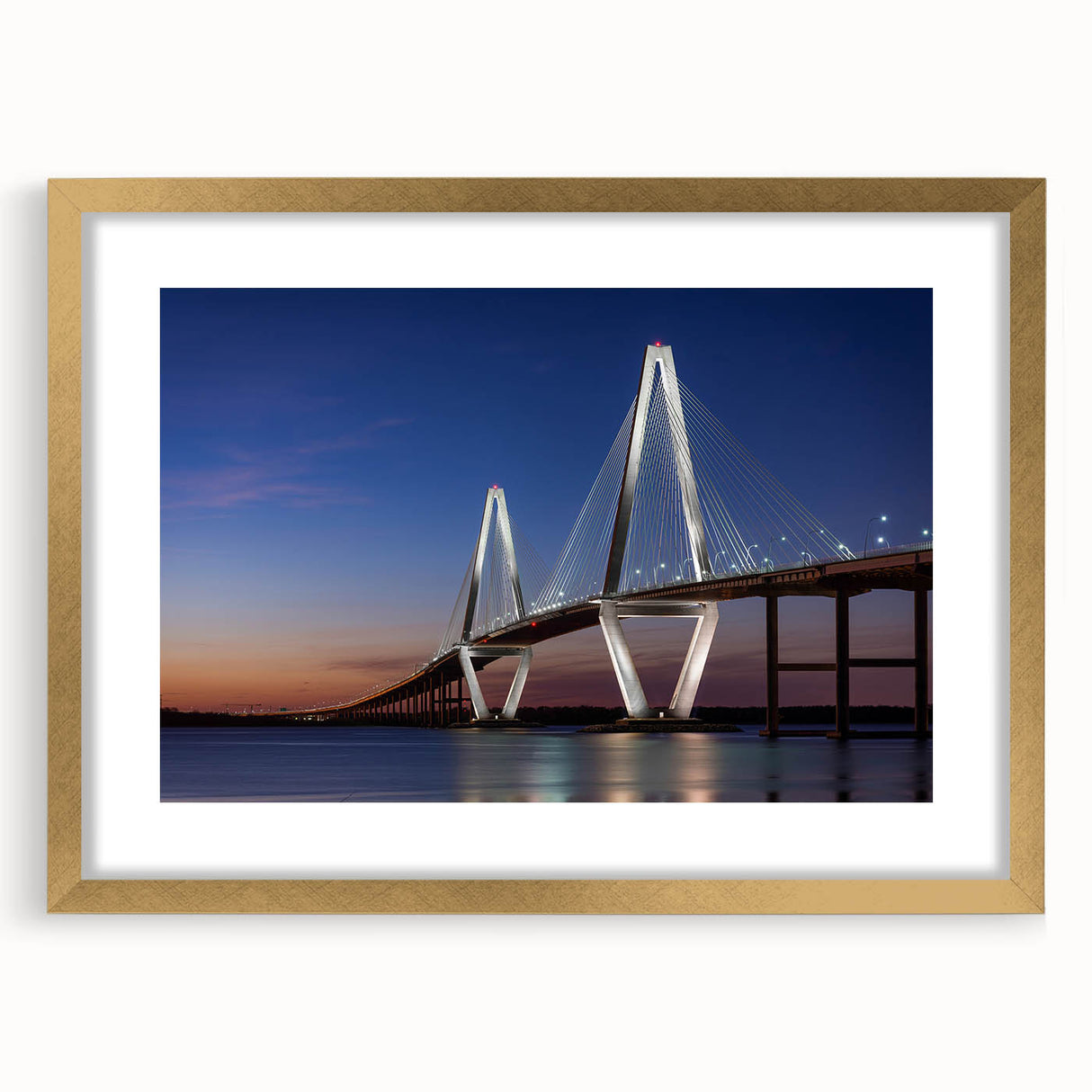 Extra large framed wall art depicting an abstract Charleston, South Carolina scenery in textured gold and blue tones.