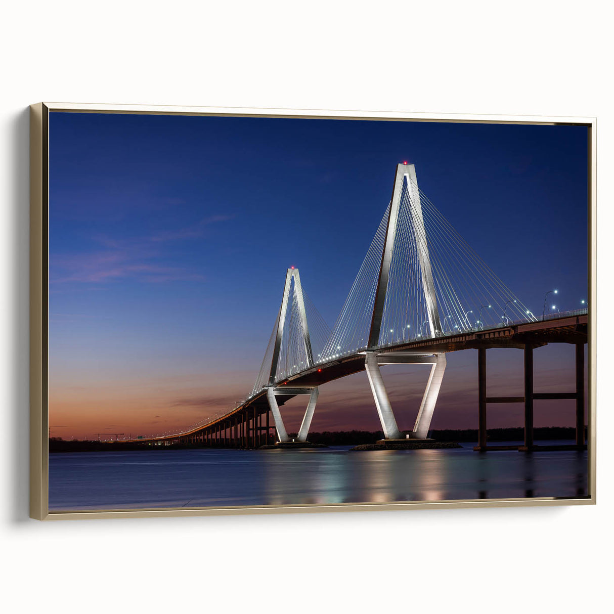 Framed canvas of a vintage-style Charleston landscape in black with gold accents, ideal for bedroom wall art.