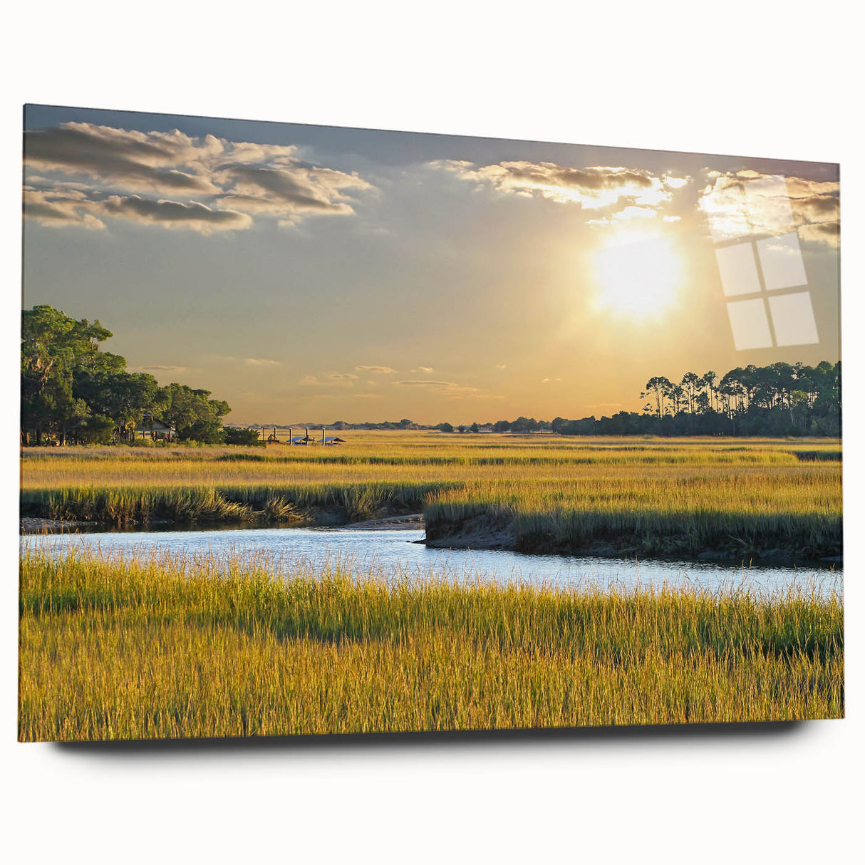 Large abstract wall art of South Carolina scenery in muted earth tones on acrylic glass.
