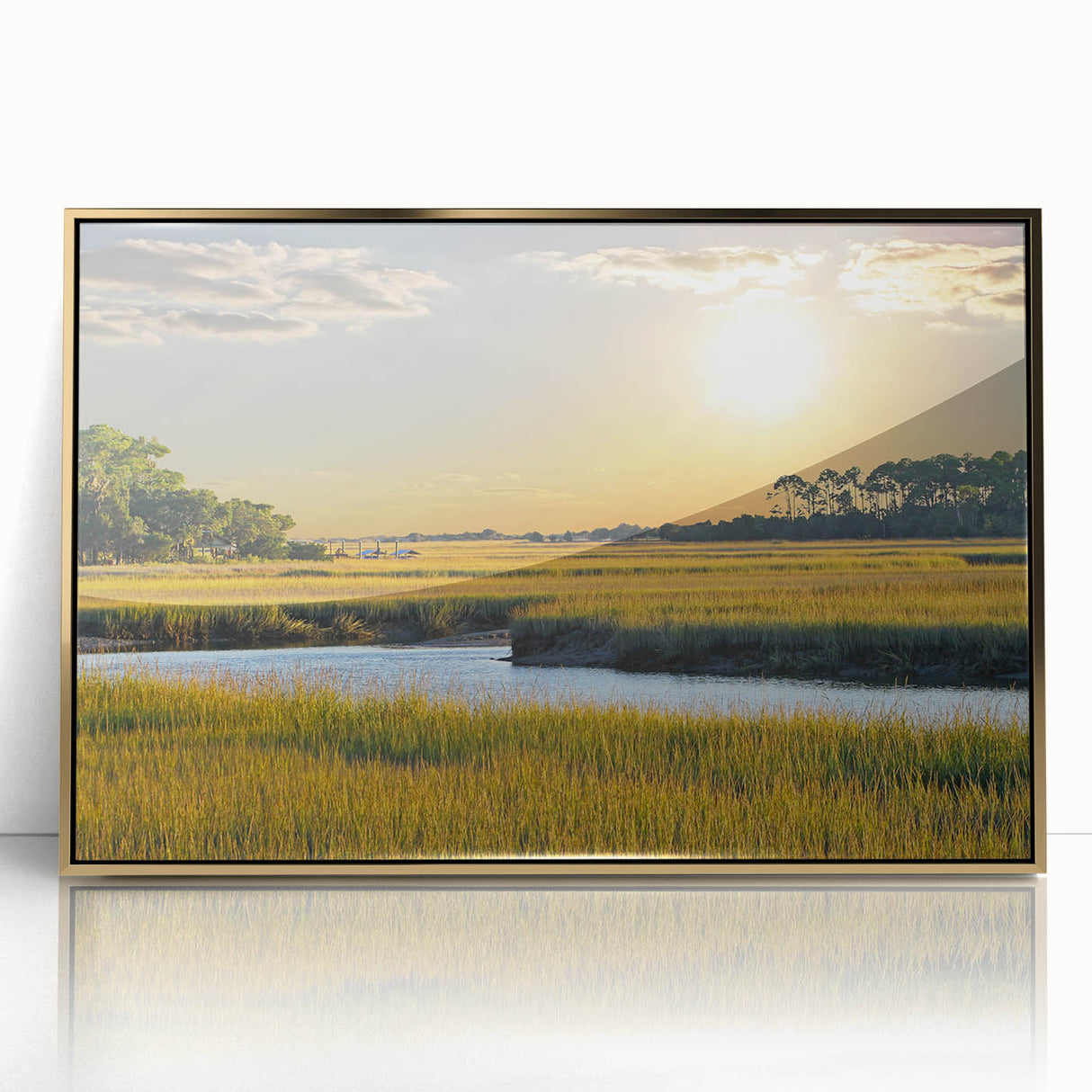 Mid-century modernist acrylic print of a South Carolina landscape in muted earth tones, framed in gold.