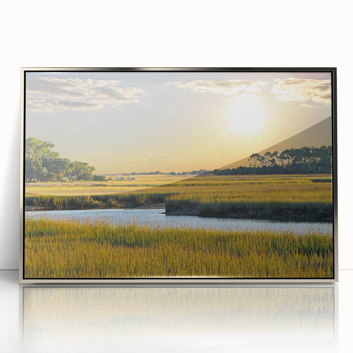 Mid-century modernist art depicting South Carolina scenery in muted earth tones on a silver-framed acrylic print.