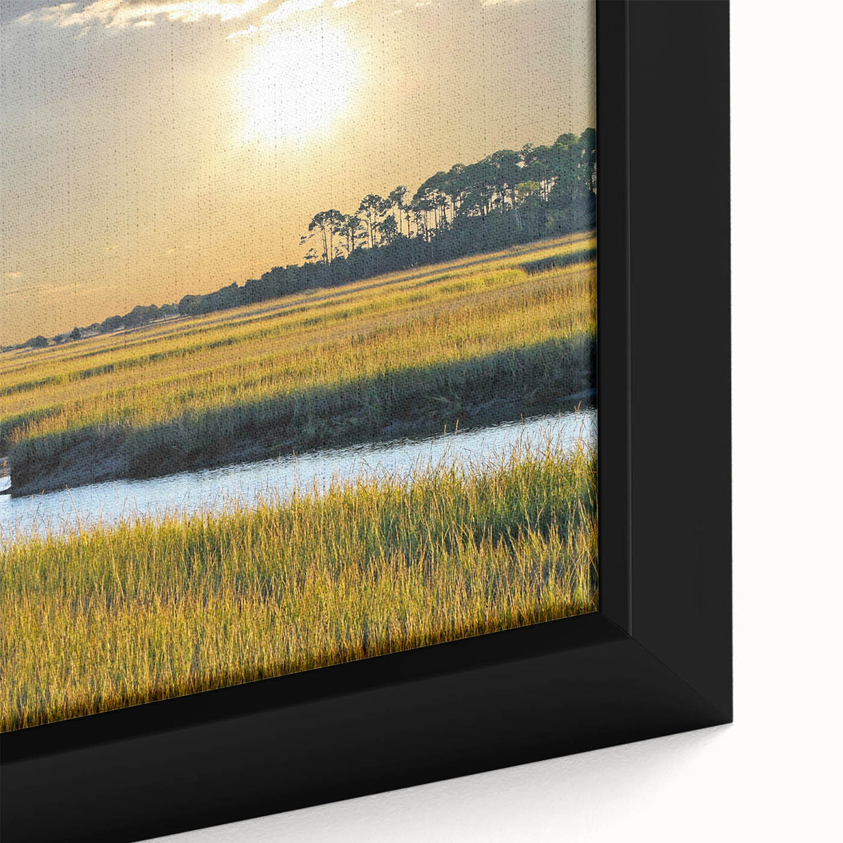 Close-up of a textured black wall art featuring a vibrant, colorful South Carolina scenery on a framed canvas.