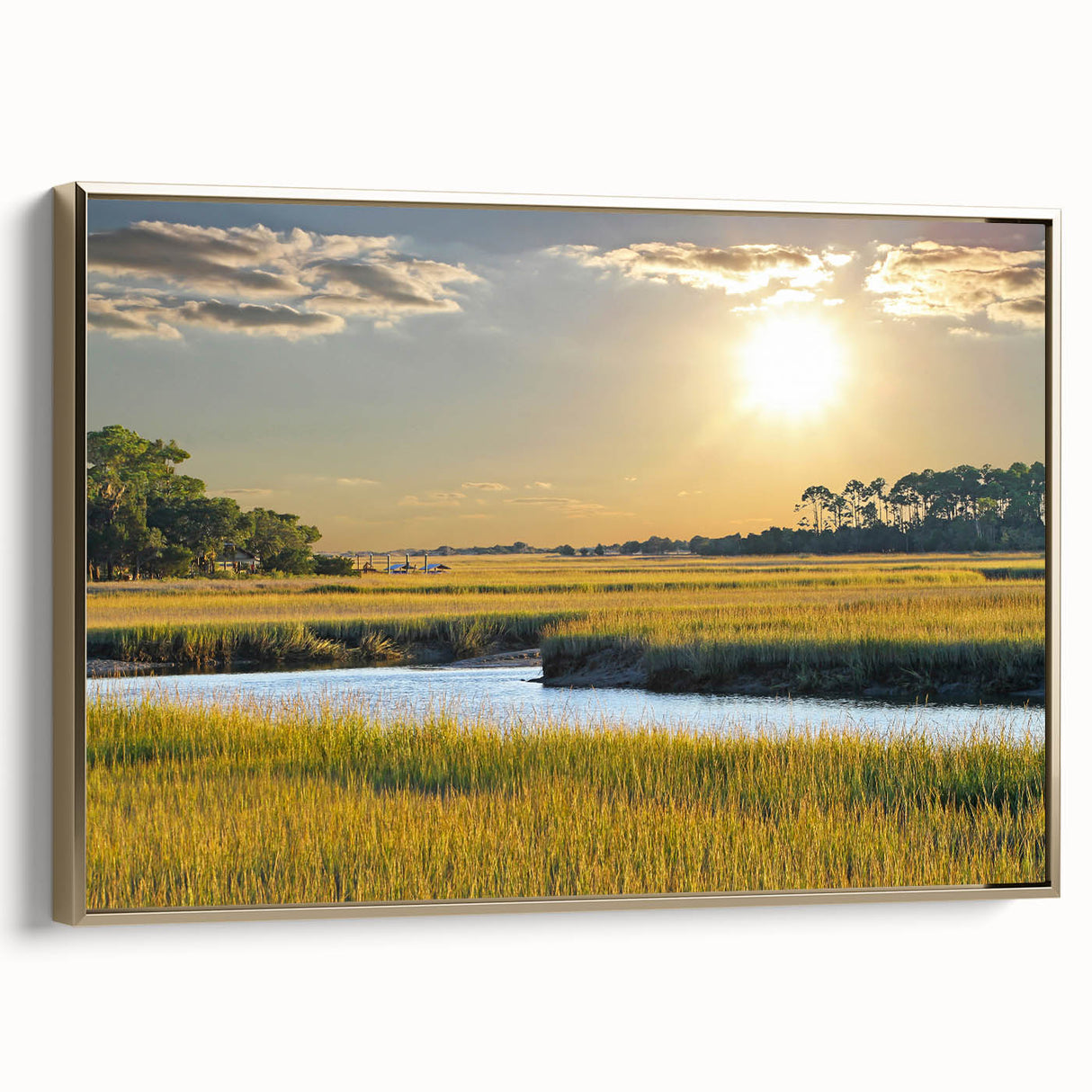 Framed canvas featuring a vintage-style landscape painting of South Carolina, in muted gold and black tones.
