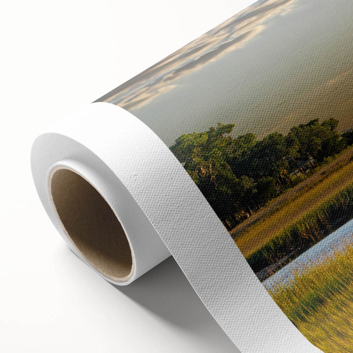 Art Deco style poster of South Carolina scenery on rolled canvas, featuring pastel shades.