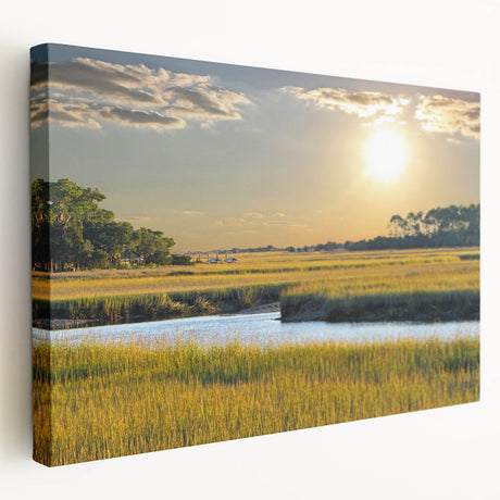 South Carolina landscape on large stretched canvas, featuring muted green and blue tones, suitable for kitchen wall art.