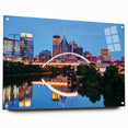 Acrylic print of a large abstract depiction of Nashville skyline in muted blue and gray tones, ideal for dining room decor.