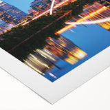 Art deco poster of Nashville skyline in muted gold and blue tones on rolled canvas, suitable for dining room wall art.