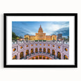 Abstract art print of Austin skyline in vibrant, colorful hues on a large, textured canvas, ideal for living room decor.