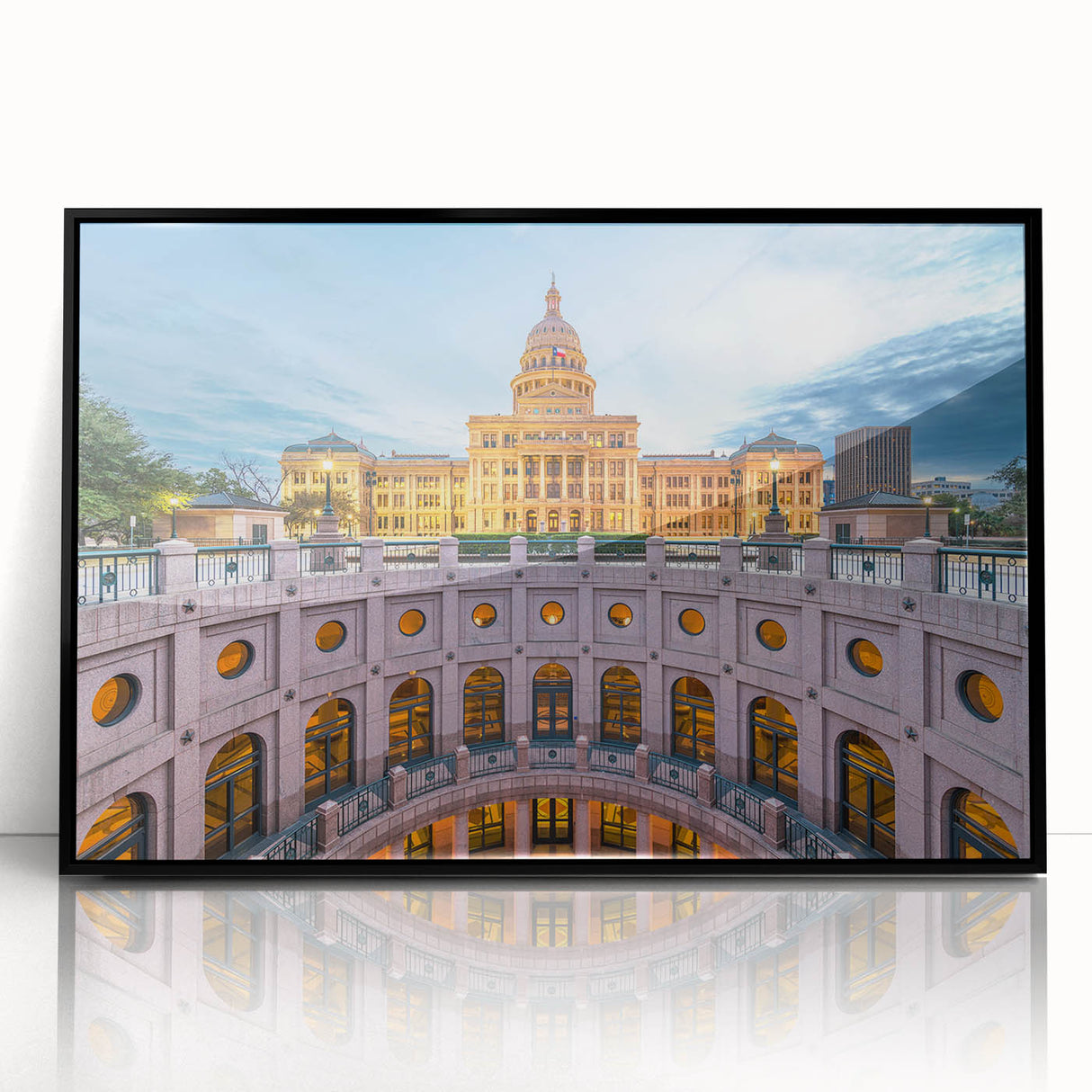 Large abstract wall art depicting Austin skyline in muted gray and blue tones, framed acrylic.