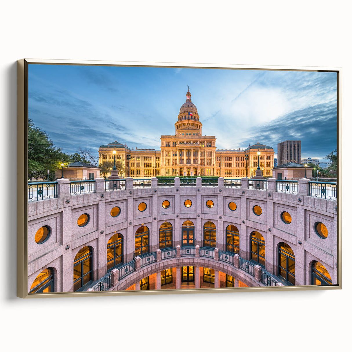 Framed canvas of Austin, Texas landscape in vintage poster style, featuring black and gold tones, ideal for bedroom wall art.