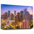 Acrylic print of the Houston skyline in muted blue and gray tones, suitable for dining room decor.