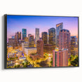 Framed canvas featuring a black and white vintage poster art of the Houston skyline, ideal for bedroom wall decor.