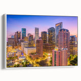 Vintage poster art of Houston skyline on extra large framed canvas, featuring colorful art against a black background.