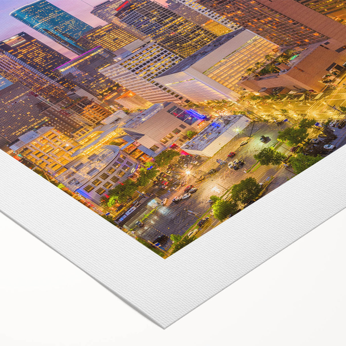 Art deco poster of Houston skyline in muted metallic tones on rolled canvas, suitable for dining room wall art.