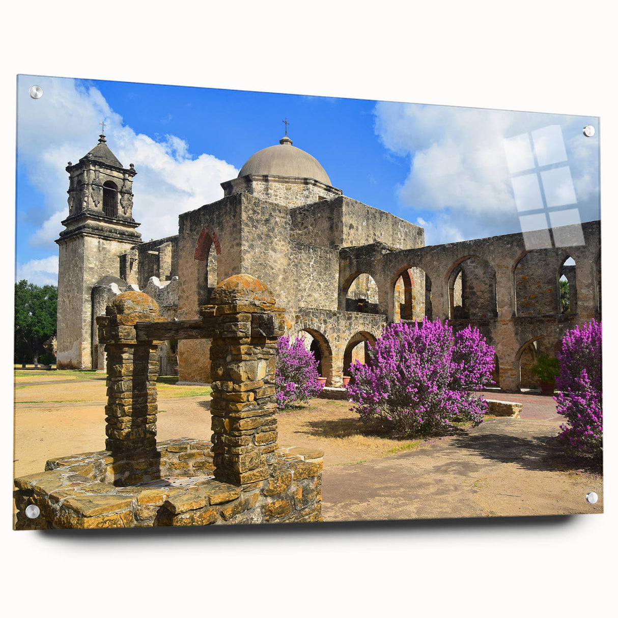 Acrylic print of the San Antonio skyline in muted blue and gray tones, suitable for bedroom or dining room decor.