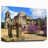 Large abstract depiction of San Antonio skyline in muted blue and gray tones on acrylic glass.