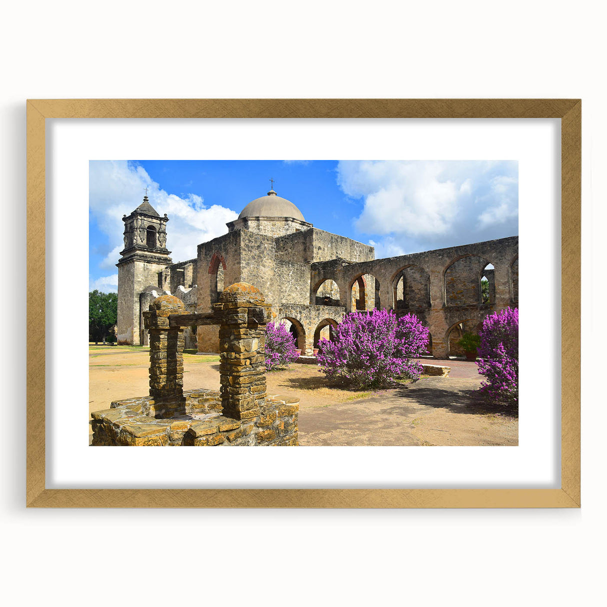 Extra large abstract art print of San Antonio scenery in textured style, with gold frame, ideal for living room decor.