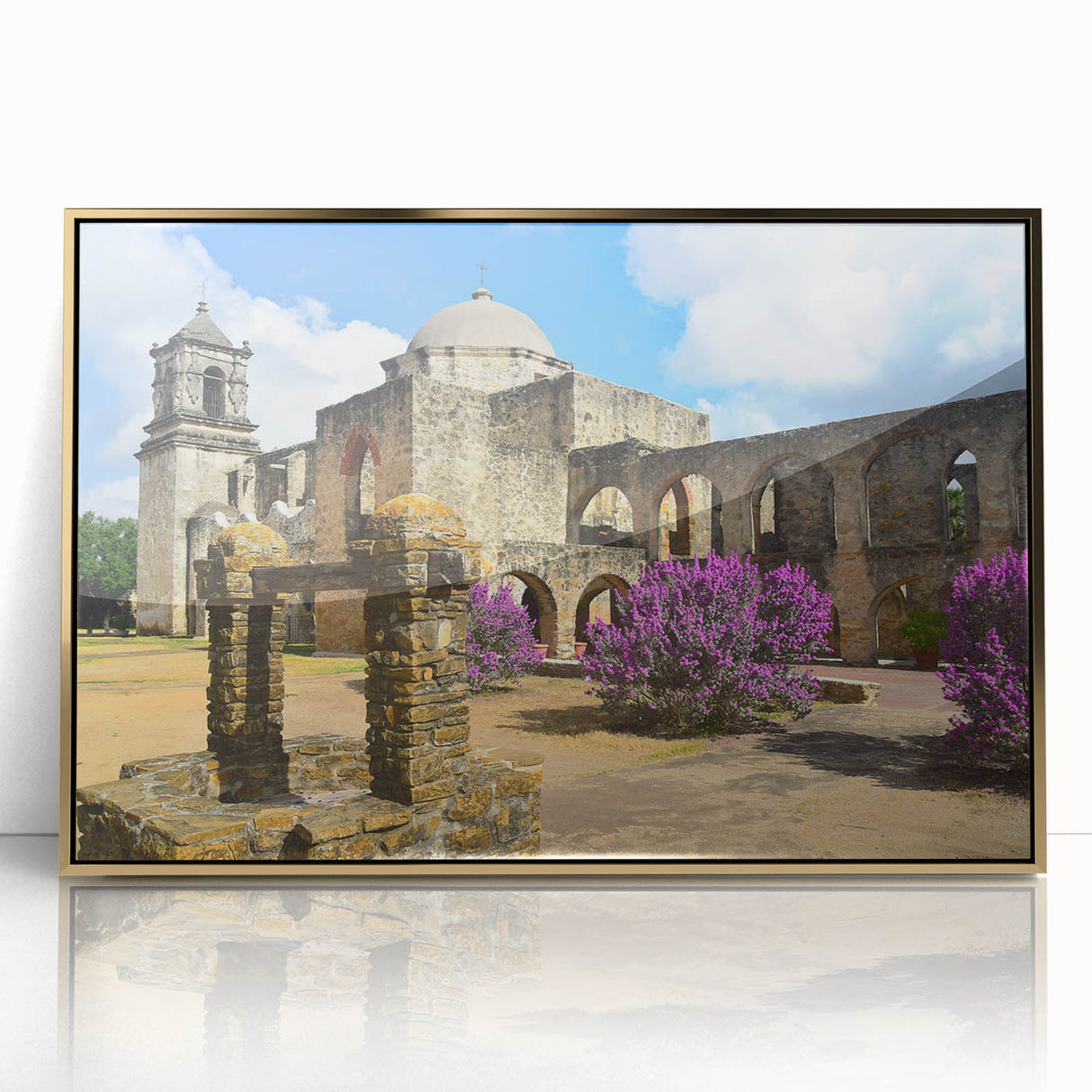 Large art print of San Antonio skyline in gold tones on framed acrylic, suitable for modern art wall decor.