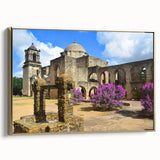 Framed canvas wall art depicting a vintage-style San Antonio landscape in muted gold and black tones.