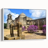 Vintage poster art of San Antonio skyline in colorful hues on extra large framed canvas, ideal for living room decor.