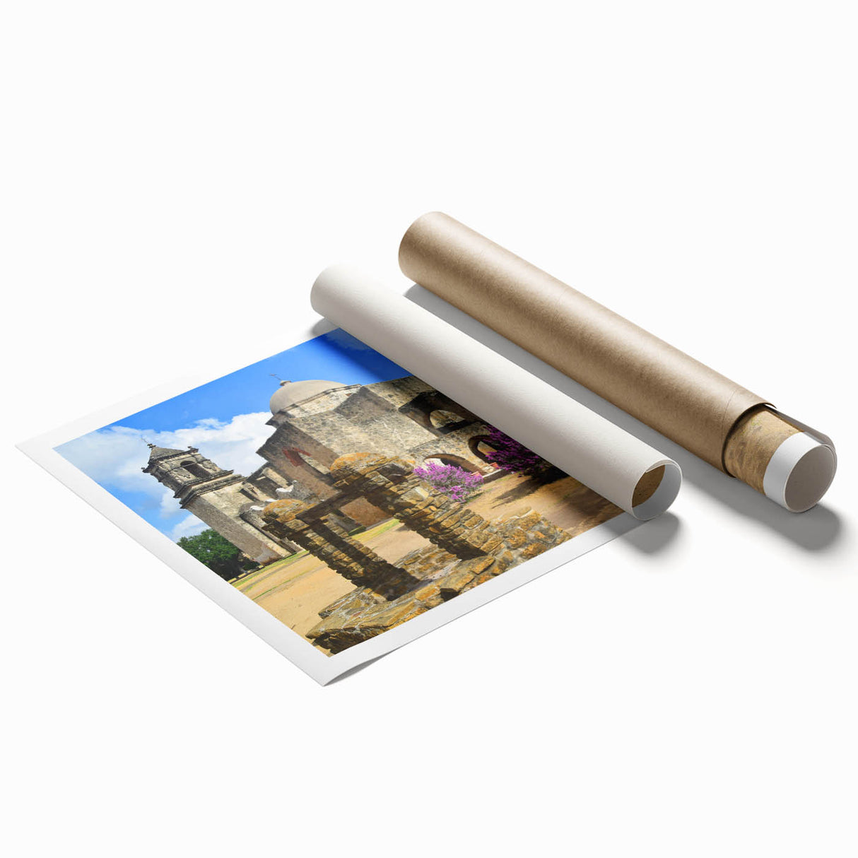 Extra large rolled print of San Antonio scenery with floral art in muted colors, ideal for classy bathroom wall art.