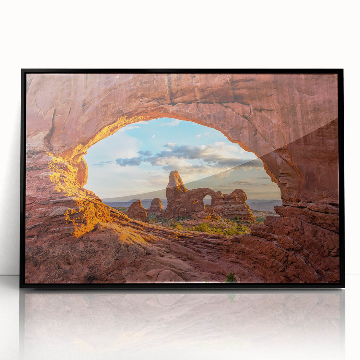 Large abstract wall art depicting Arches National Park in muted earth tones on a framed acrylic.