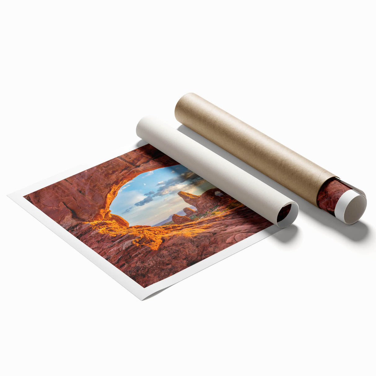 Extra large rolled print of Arches National Park, featuring earthy red tones and rocky formations.